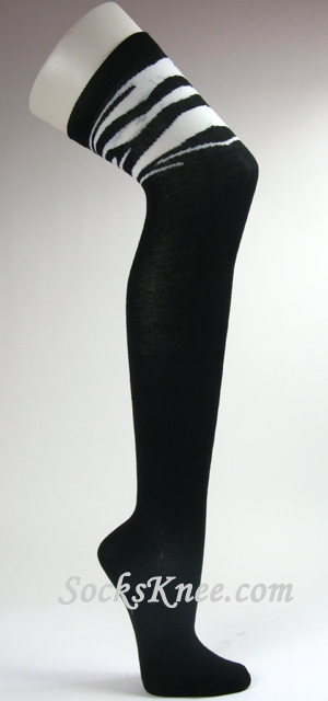 Zebra Striped on Thigh Black Over Knee High Socks for Women - Click Image to Close