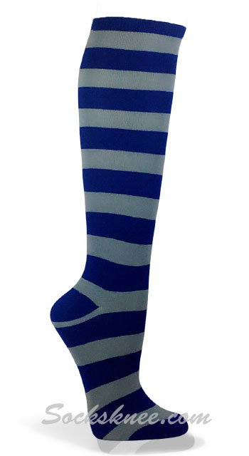 Royal blue and grey wider striped knee high socks - Click Image to Close