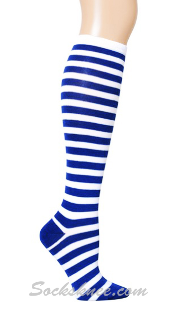White and Blue Mini-striped Knee Socks