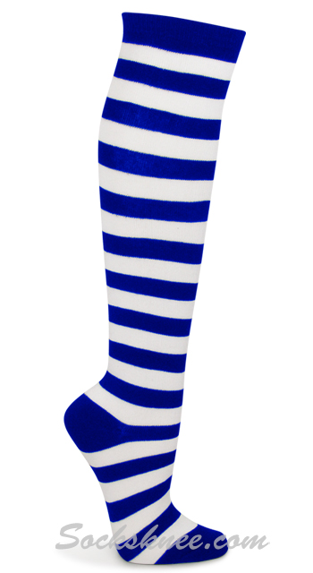 Blue and White Wider Striped Knee Socks