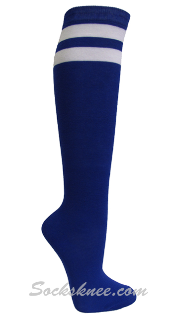 Blue and 2 White Stripes Knee High Socks for Women & Junior