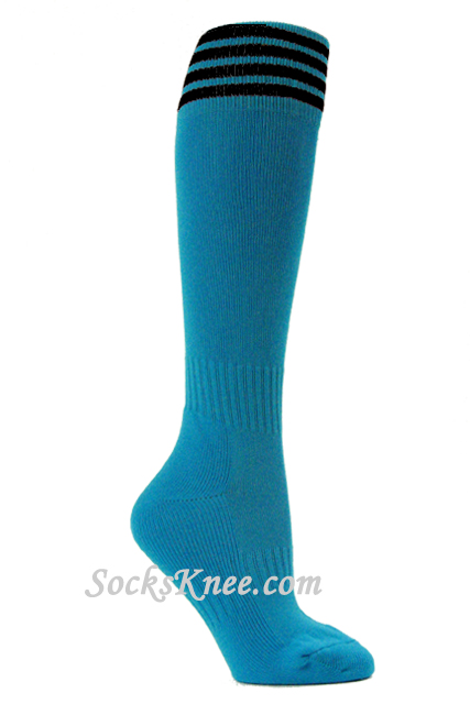Bright Blue and Black Kid/Youth Football Sport High Socks - Click Image to Close