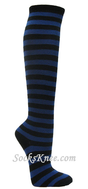 Blue black stripe knee womens socks - Click Image to Close