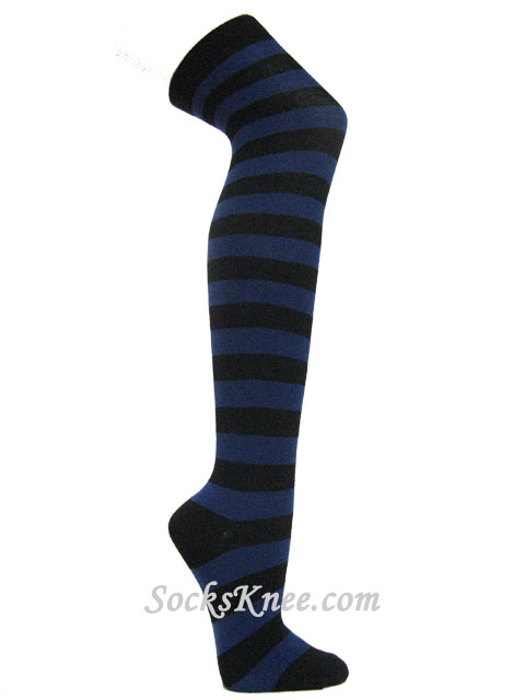 Black and blue over knee wider striped socks - Click Image to Close