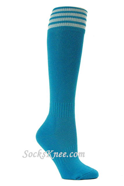 Bright Blue and White Kid/Youth Football Sport High Socks - Click Image to Close