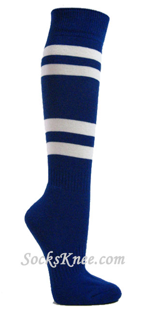 Blue striped knee socks w 4white stripes for sports - Click Image to Close
