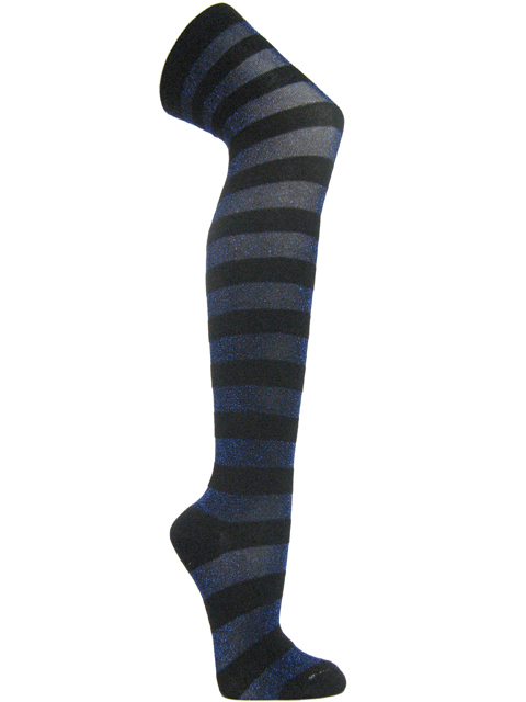 Blue black glitter sparkling wide striped over knee socks - Click Image to Close