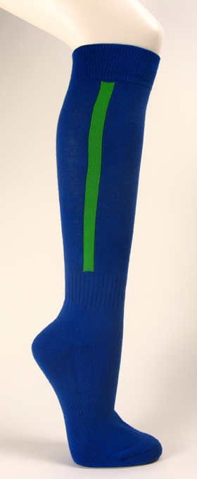 Blue mens knee socks with bright green striped for baseball and