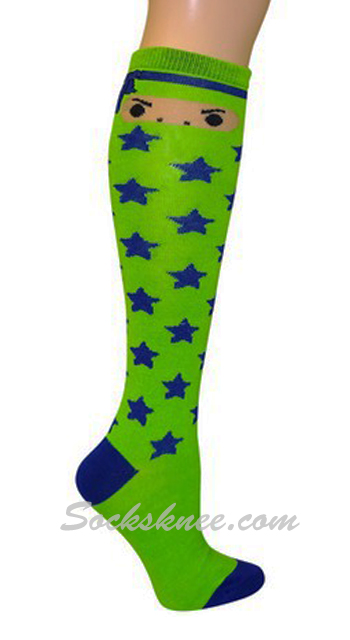 Bright Lime Green Ninja Knee High Socks with Blue Stars - Click Image to Close