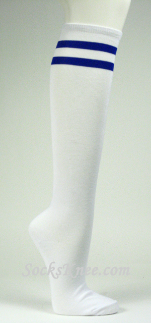 2 Blue Striped White Knee Socks for Women