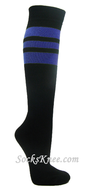 Blue Stripes on Black Cotton Knee Socks for Sports