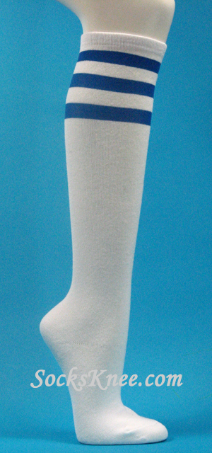 White & Blue striped Quality knee high socks for women - Click Image to Close