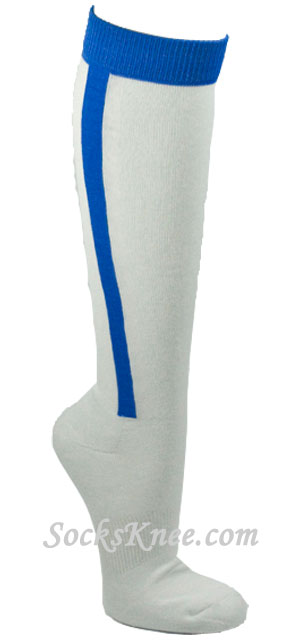 Blue in white striped mens knee socks for sports - Click Image to Close