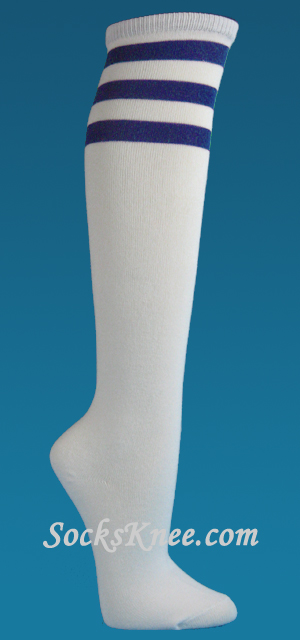 White with Blue Striped High Quality Women's Knee High socks - Click Image to Close