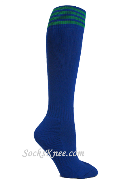 Blue youth Football/Sports knee socks w green stripes - Click Image to Close