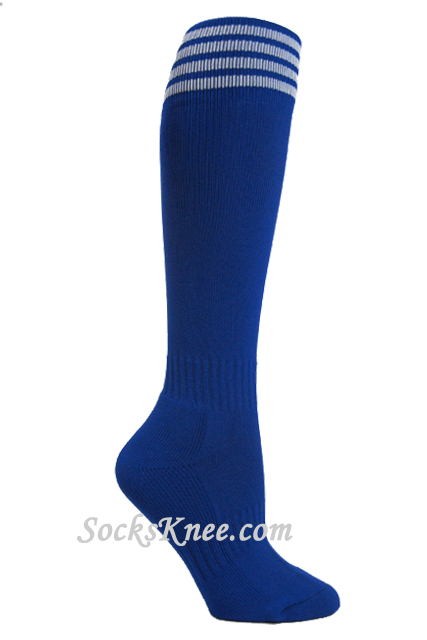 Blue youth Football/Sports knee socks w white stripes - Click Image to Close