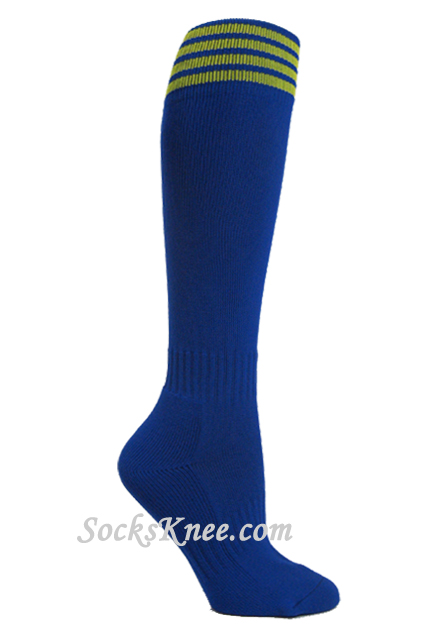 Blue youth Football/Sports knee socks w yellow stripes - Click Image to Close