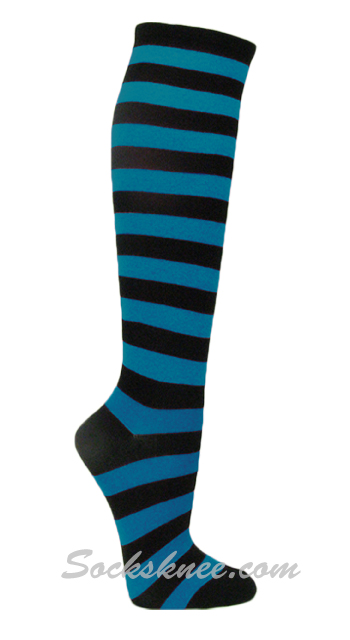 Black / Bright Blue Stripes Women's Fashion High Socks