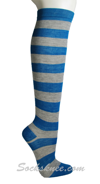 Bright Blue and Gray Wider Striped Knee Socks - Click Image to Close