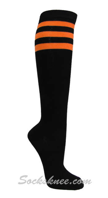 Black with 3 Bright Orange Stripes Women's Knee Hi Socks