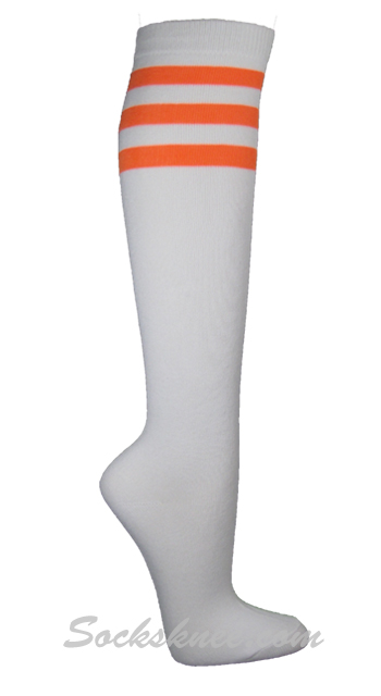 Bright Orange striped White Ladies knee high socks - Click Image to Close
