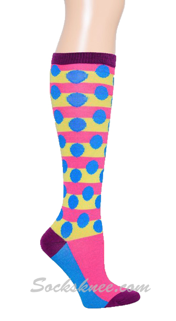 Bright Pink Yellow Striped With Dots Women Knee High Socks