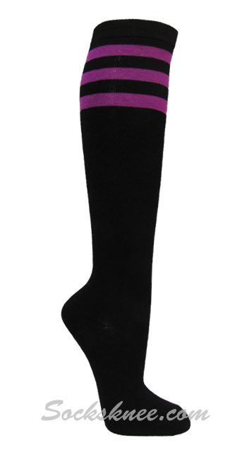 Black with 3 Bright Purple Stripes Women's Knee Hi Socks
