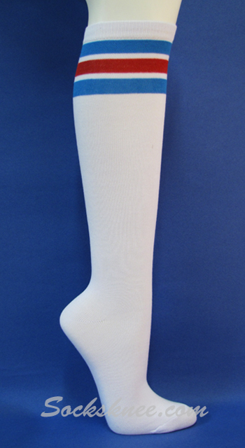 Bright Blue/Red stripes on White knee high socks for Women