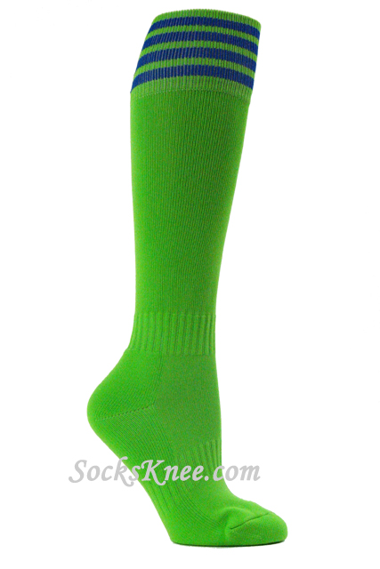 Bright Lime Green and Blue Kids Football Sport High Socks - Click Image to Close