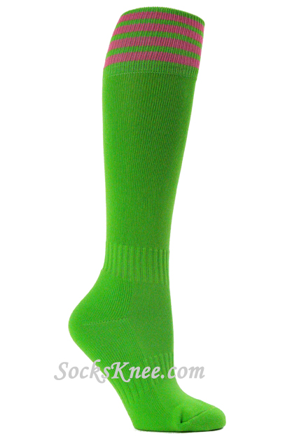 Bright Lime Green and Bright Pink Kids Football Sport High Sock - Click Image to Close