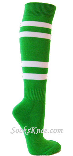 Bright green striped knee socks w 4white stripes for sports - Click Image to Close