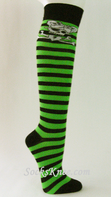 Bright Green Black Striped Knee Socks with Skeleton