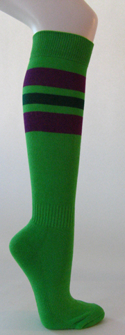 Bright green cotton knee socks purple dark green striped - Click Image to Close