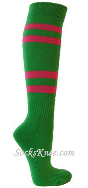 Bright green cotton knee socks with hot pink stripes - Click Image to Close