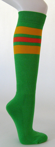 Bright green cotton knee socks golden yellow orange striped