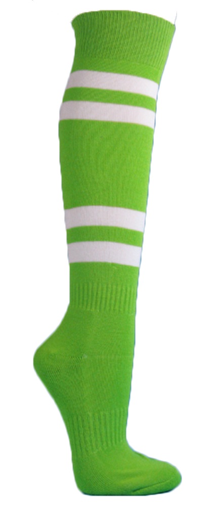 Bright Lime Green striped knee socks w 4white stripes for sports - Click Image to Close