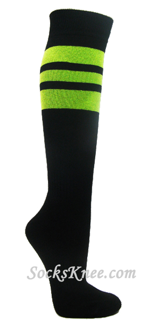 Bright Lime Green Stripe on Black Cotton Knee Hi Sock for Sports - Click Image to Close