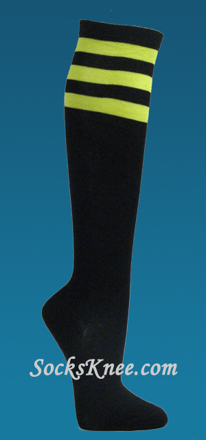 Black with Bright Lime Green 3line Striped Womens Knee Socks - Click Image to Close