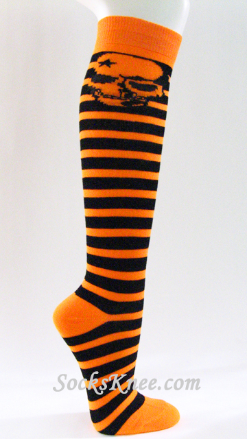 Bright Orange Black Striped Knee Socks with Skeleton
