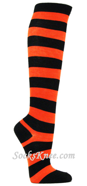 Bright Orange and Black Wider Striped Knee high socks - Click Image to Close