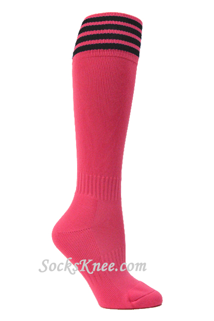 Bright Pink and Black Kid/Youth Football Sport High Socks - Click Image to Close