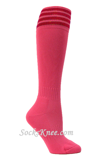 Bright Pink and Red Kid/Youth Football Sport High Socks - Click Image to Close