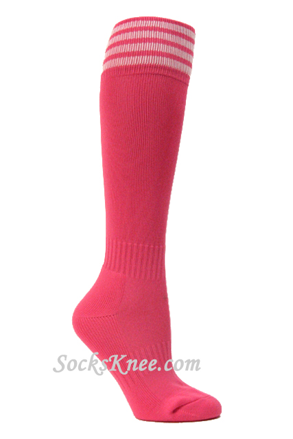 Bright Pink and White Kid/Youth Football Sport High Socks - Click Image to Close