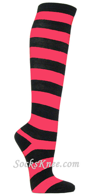 Bright Pink and Black Wider Striped Knee high socks