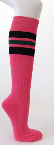Bright pink cotton knee socks black dark green striped - Click Image to Close
