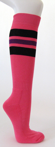 Bright pink cotton knee socks black purple striped - Click Image to Close