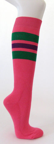 Bright pink cotton knee socks green purple striped - Click Image to Close