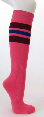 Bright pink cotton knee socks maroon blue striped - Click Image to Close