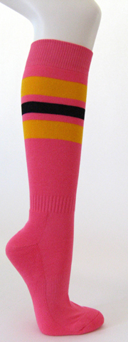 Bright pink cotton knee socks yellow black striped - Click Image to Close