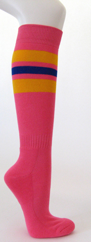 Bright pink cotton knee socks yellow blue striped - Click Image to Close